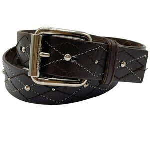 Michael Kors Brown Leather Silver Studded Diamond Pattern Waist Belt Large